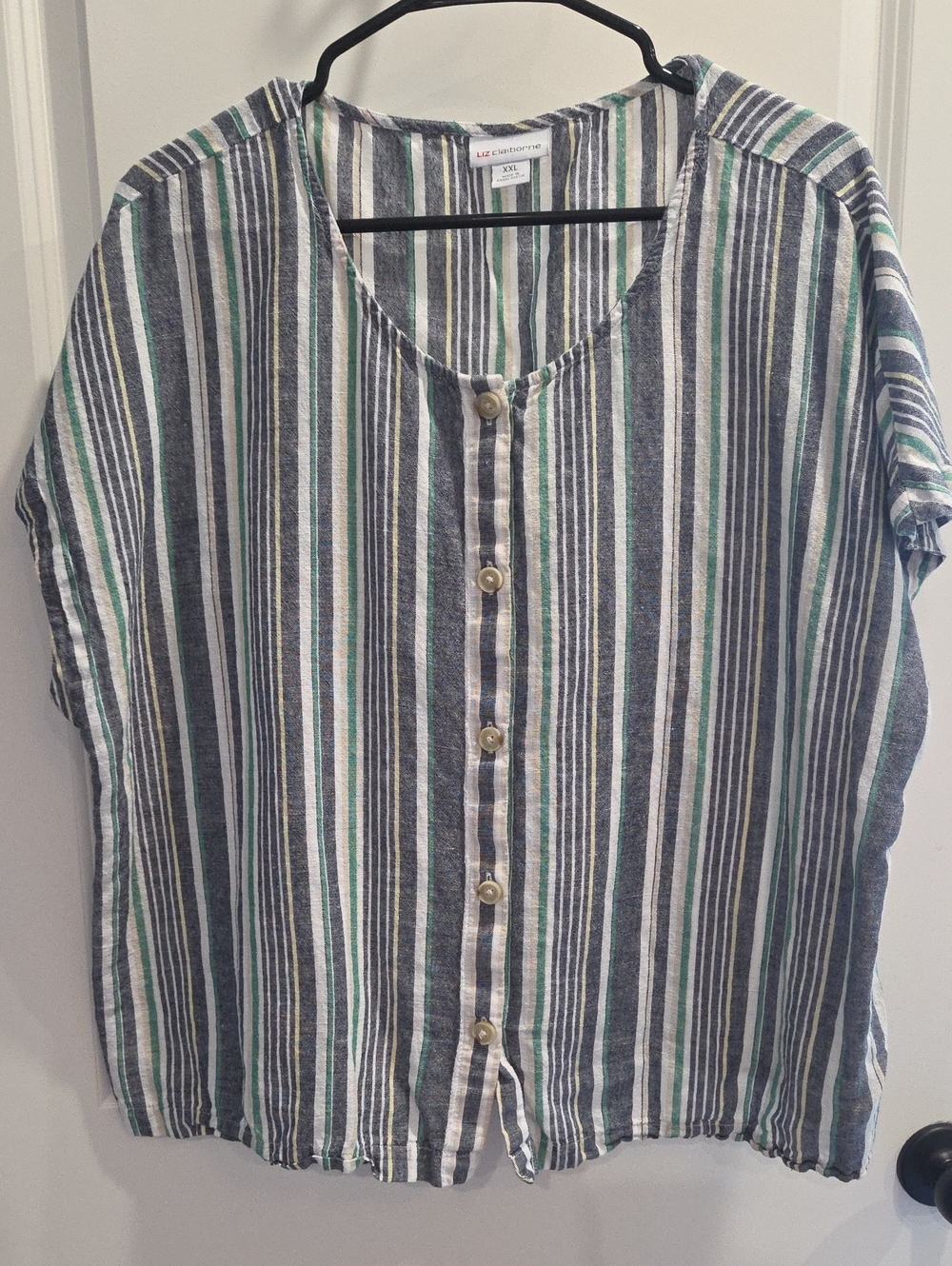 Liz Claiborne Blue, Green & White Striped Short-Sleeve Button Shirt